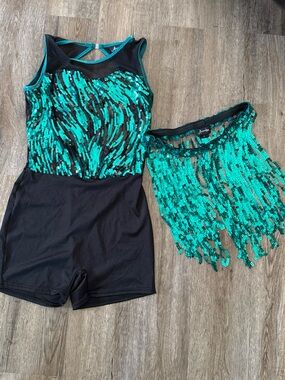Kids Sequin Dance Costume Set - Teal & Black
